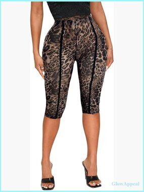 Women's Leopard Mesh Cropped Leggings 3/4 Length High Rise